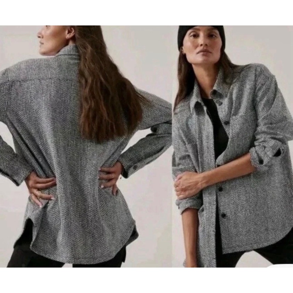 Athleta Black White Herringbone Oversized Button Up Braiden Shirt Jacket‎ Sz XS